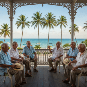 Grupo de hombres españoles jubilados disfrutando de un paisaje tropical en Cuba, con palmeras y cielo azul, destacando el tema de viajes y ocio.